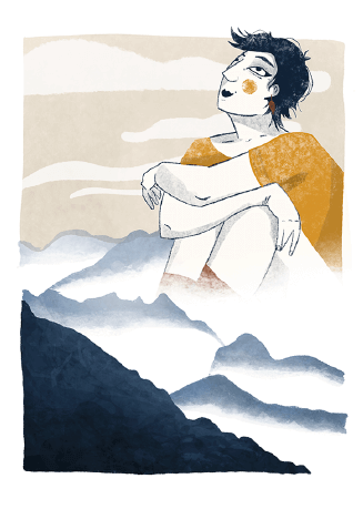 Illustration d'une femme assise dans les montagnes