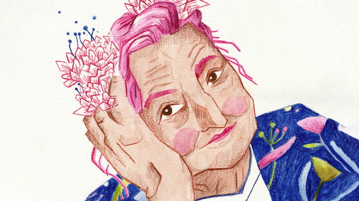 illustration d'une vielle dame au crayon de couleurs