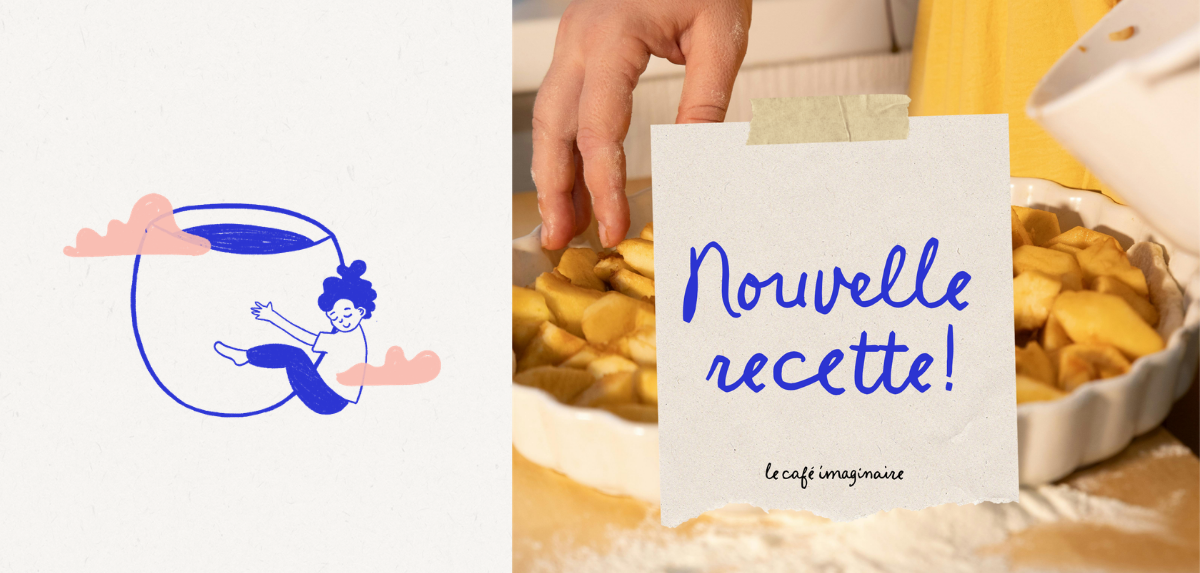Le café imaginaire-logo en bleu avec une photo d'un gateau