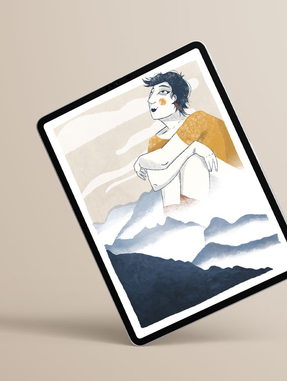 vue-d'un-ipad-avec-une-illustration-d'une-femme-dans-les-montagnes