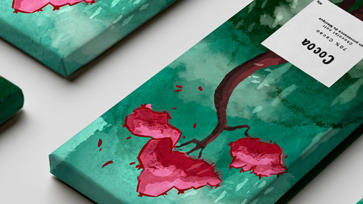 sakura Photo vue de haut d'une tablette de chocolat illustrée avec un arbre